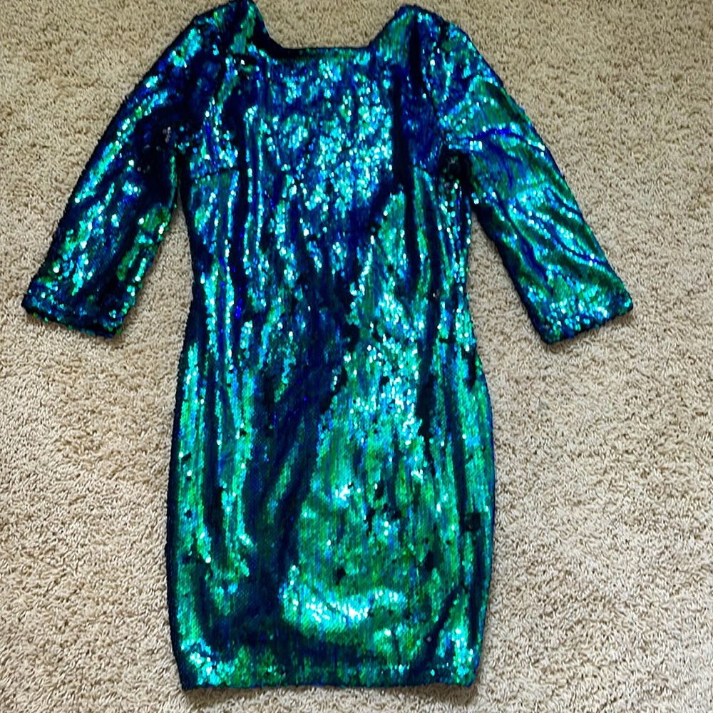 Tobi Sequin Blue Green Mermaid Going Out Party Dress Low V Neck Back Size Medium - Picture 1 of 3
